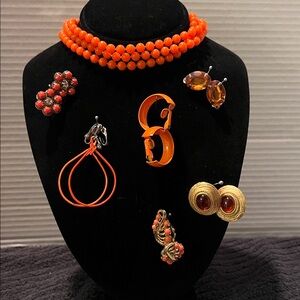 Vintage Orange Beaded Choker Necklace Adjustable w/6 Clip-on Earrings Lot